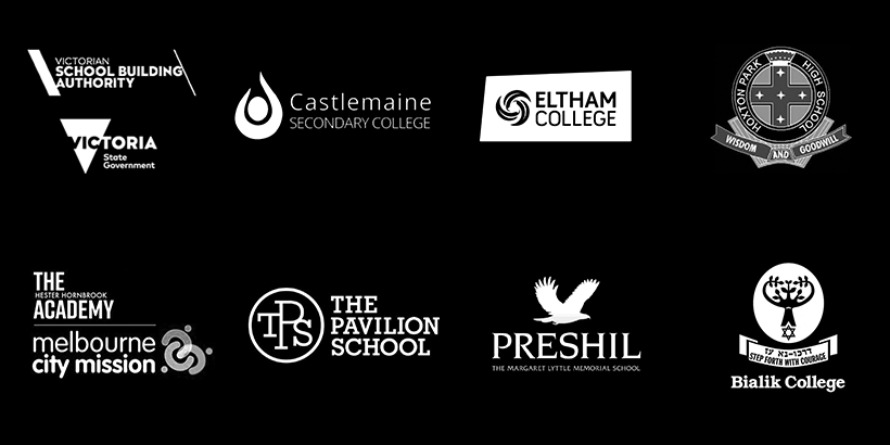 Logos: Victorian School Building Authority | Castlemaine Secondary College | Etltham College | Hoxton Park High | The Hester Hornsbrook Academy | The Pavilion School | Preshil School | Bialik College