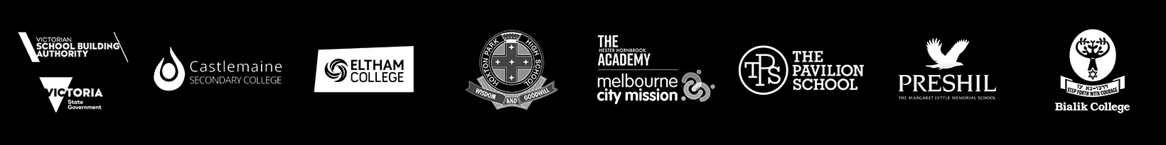 Logos: Victorian School Building Authority | Castlemaine Secondary College | Etltham College | Hoxton Park High | The Hester Hornsbrook Academy | The Pavilion School | Preshil School | Bialik College